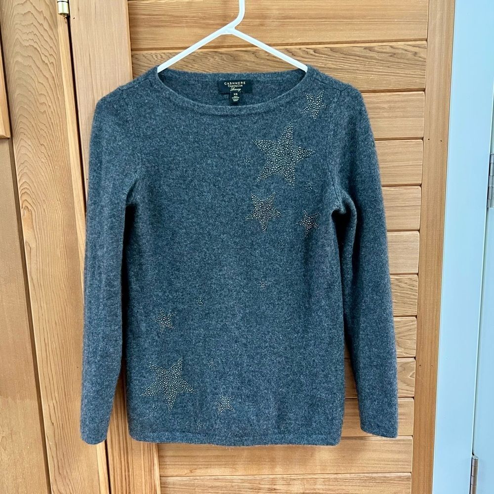 Charter Club Luxury Grey 100% Cashmere STAR STUDDED Sweater Women's XS